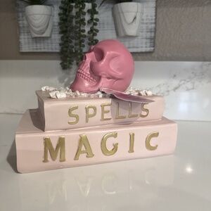 Pink Skull On Spells Magic Book Halloween Decor
